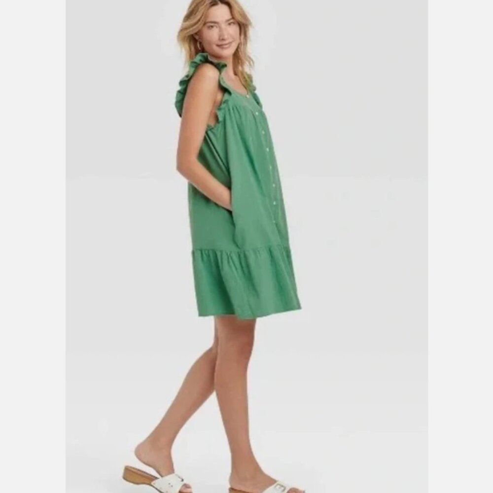 Universal Thread Green Flutter Sleeve Button Down Tiered Dress Women's Size 2X - Picture 2 of 8